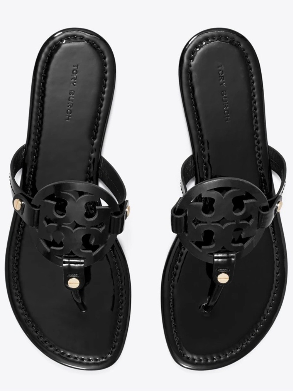 Tory Burch Black Patent Miller Thong Sandal with Gold Accents Size: 7.5